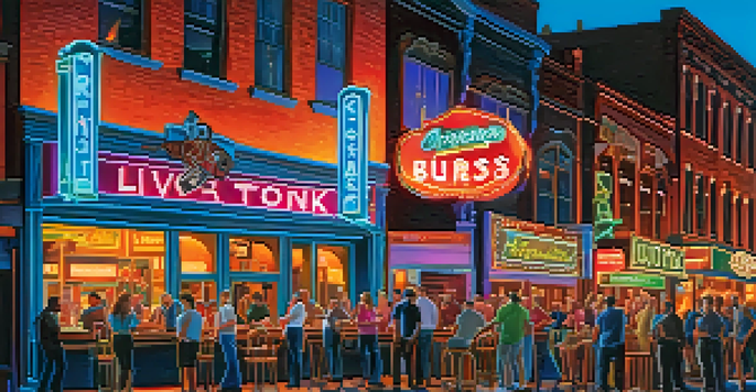 A lively scene on Lower Broadway in Nashville with neon-lit bars and a crowd enjoying live music.