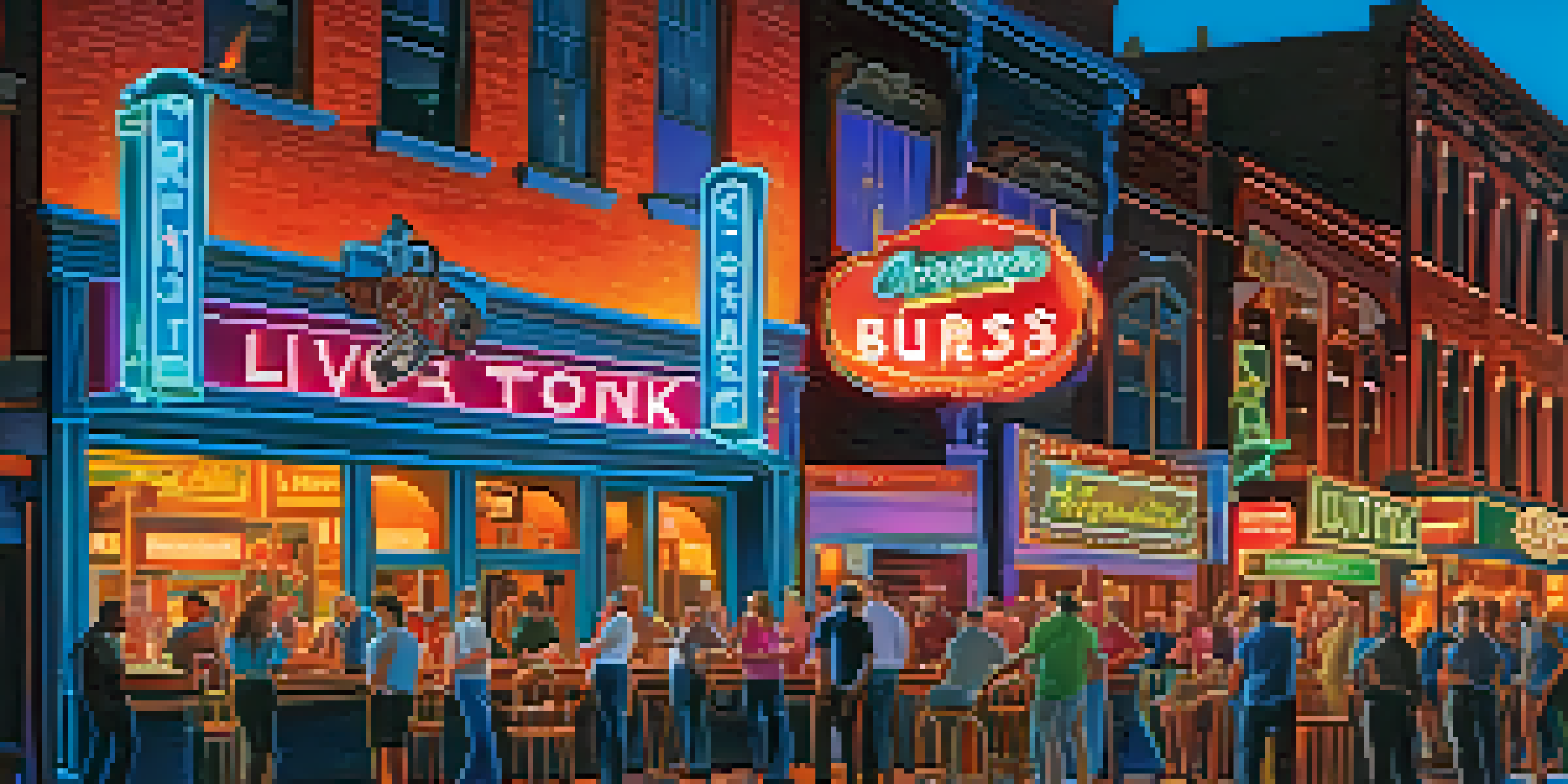A lively scene on Lower Broadway in Nashville with neon-lit bars and a crowd enjoying live music.