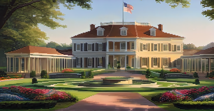 A scenic view of Mount Vernon featuring the historic main house, beautiful gardens, and the Potomac River at sunset.