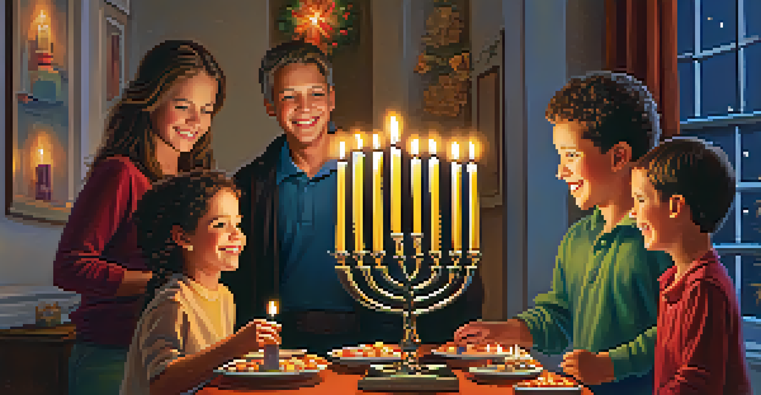 A family joyfully lighting the menorah together during Hanukkah, surrounded by festive decorations.