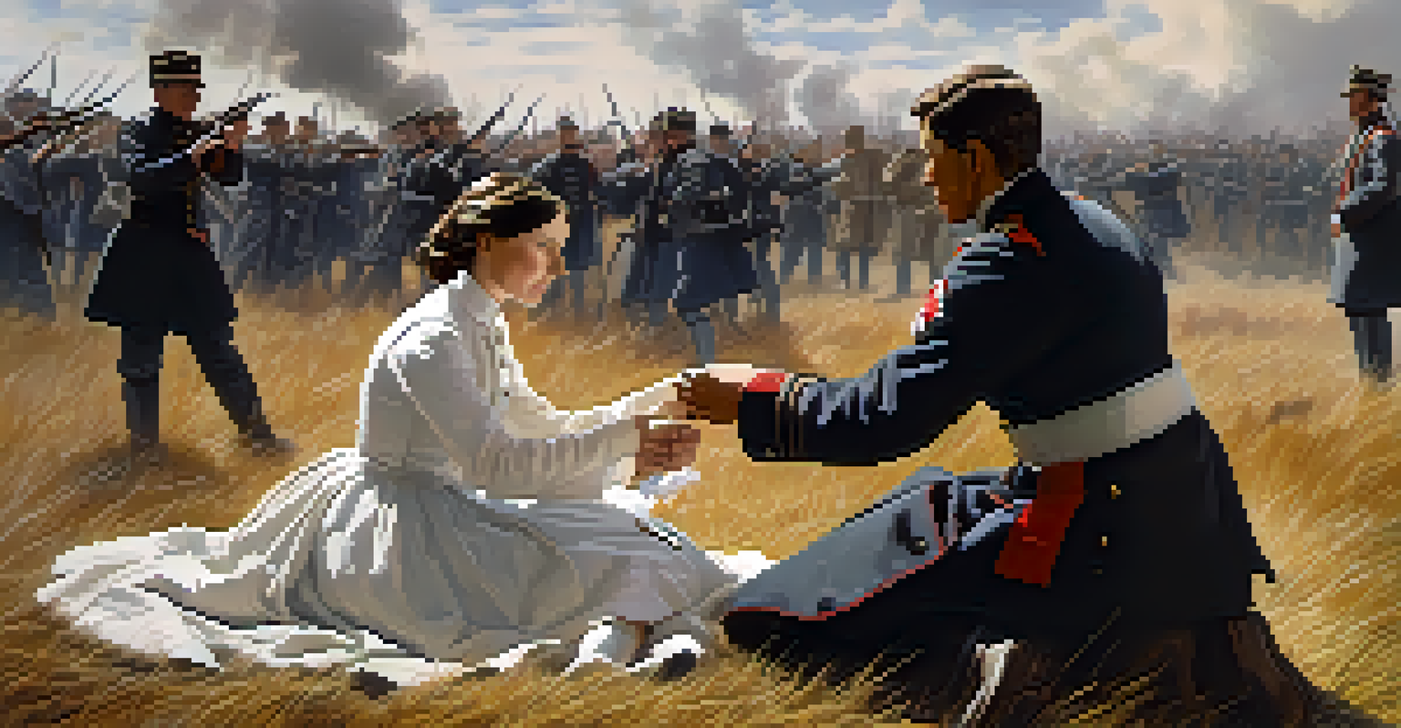 Clara Barton caring for wounded soldiers in a historical battlefield scene.