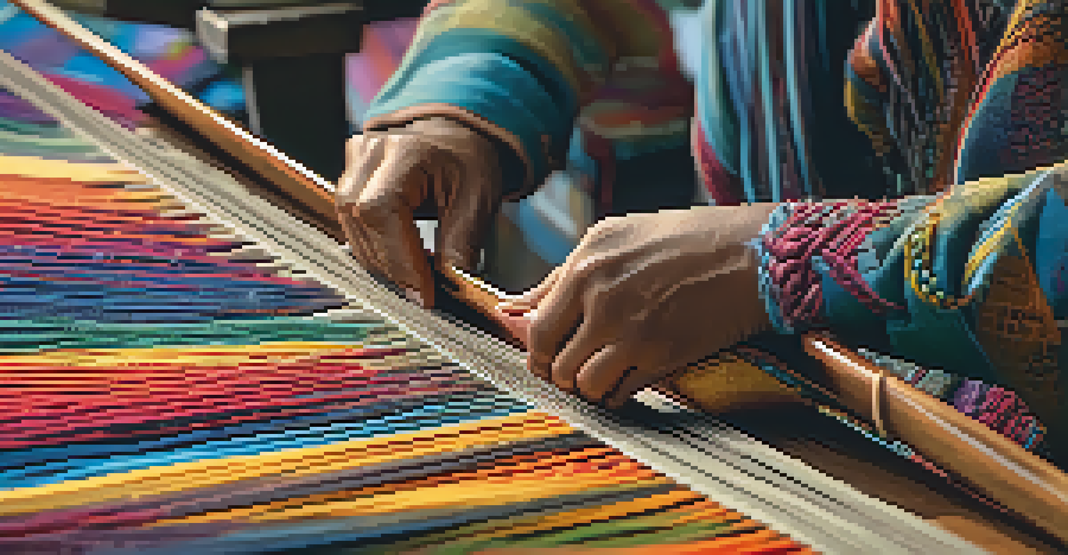 Close-up of an artisan's hands weaving intricate patterns on a loom, showcasing vibrant threads and focused craftsmanship.