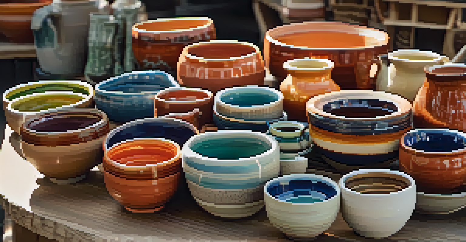 A display of colorful handcrafted pottery on a table at an artisan market, showcasing unique bowls and mugs under soft natural light.
