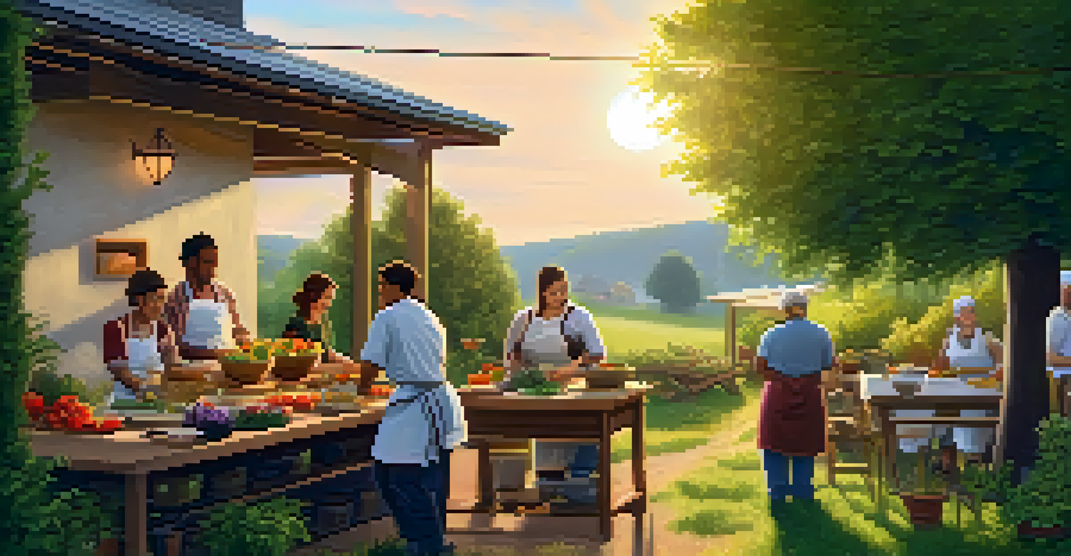 People participating in an outdoor cooking class at an urban farm, preparing meals with seasonal produce under a warm sunset.