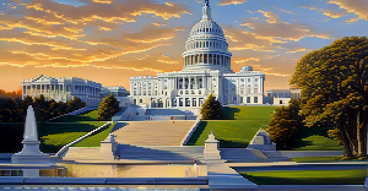 The U.S. Capitol building with grand columns and a dome illuminated by warm sunlight during golden hour.