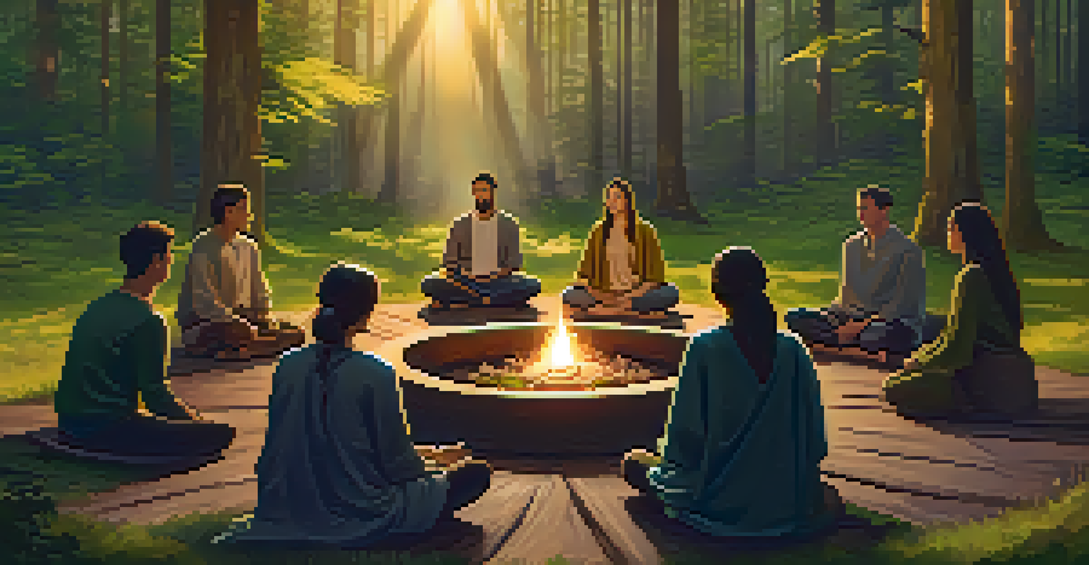 An outdoor meditation circle in a forest with participants seated around a fire pit.