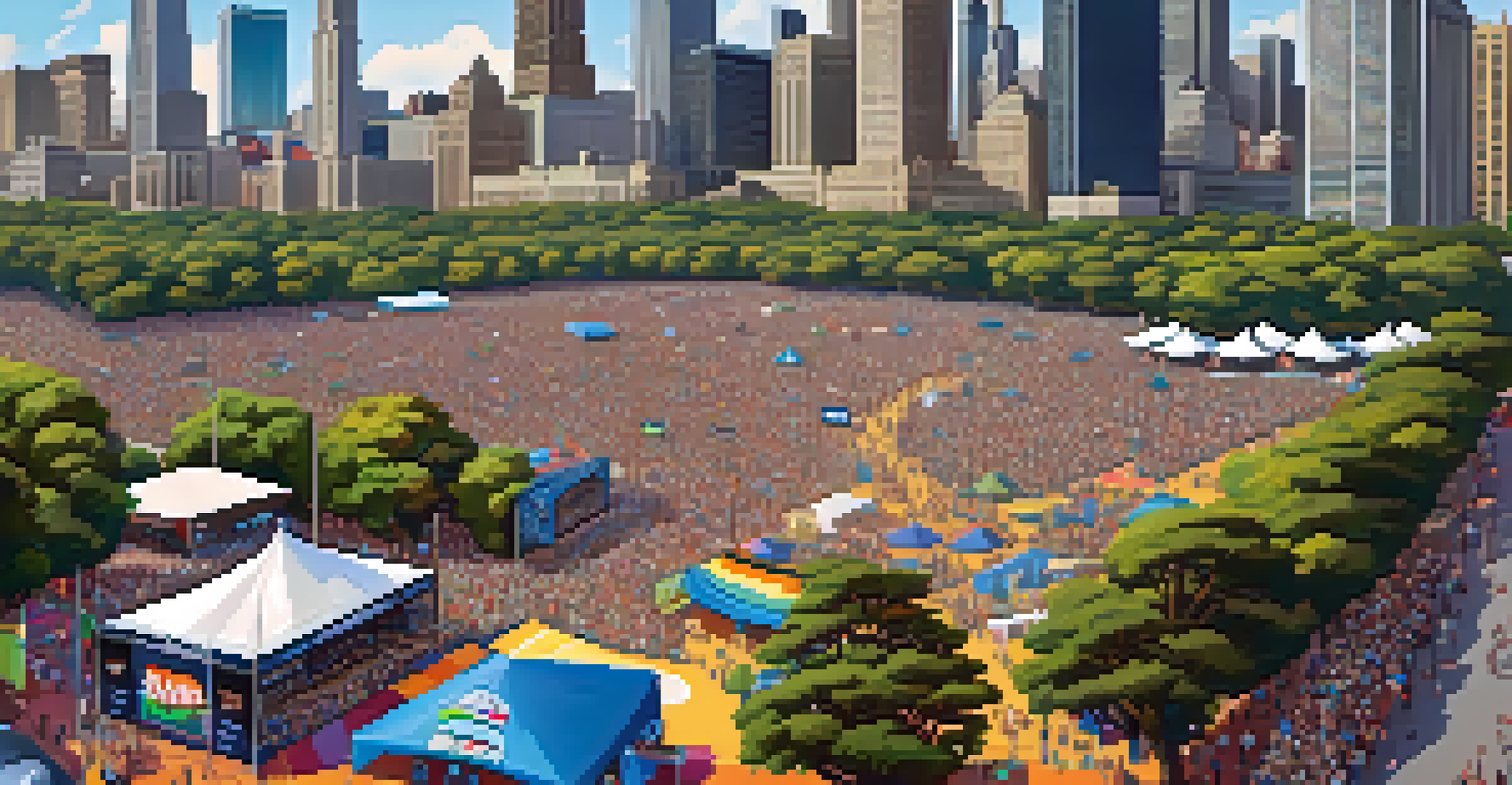 An aerial view of Lollapalooza festival with the Chicago skyline, featuring a crowd and stages in a lively park setting.