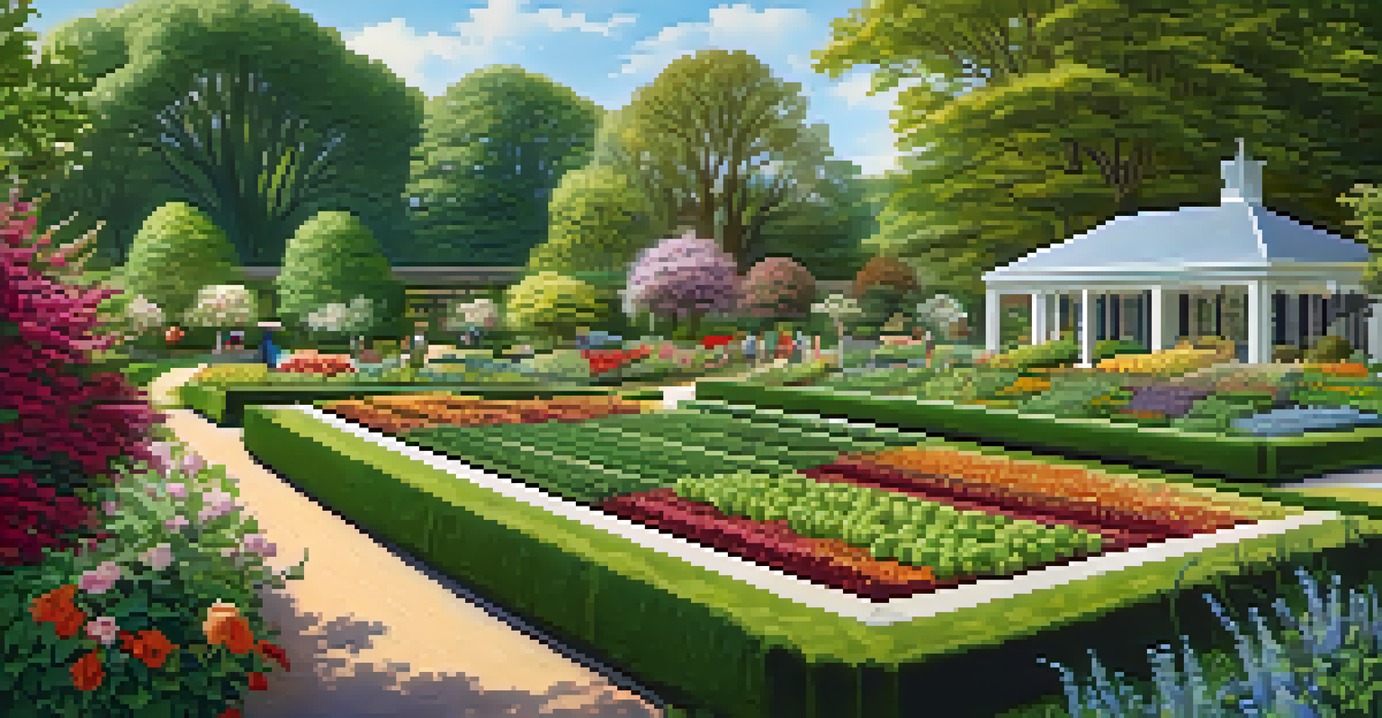 A colorful garden at Mount Vernon with a variety of plants and engaged visitors exploring the greenery.