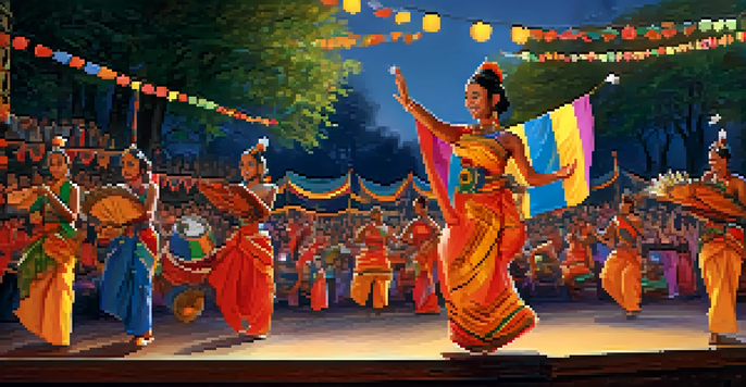 A lively festival scene with diverse performers on stage, colorful banners, and an engaged audience.