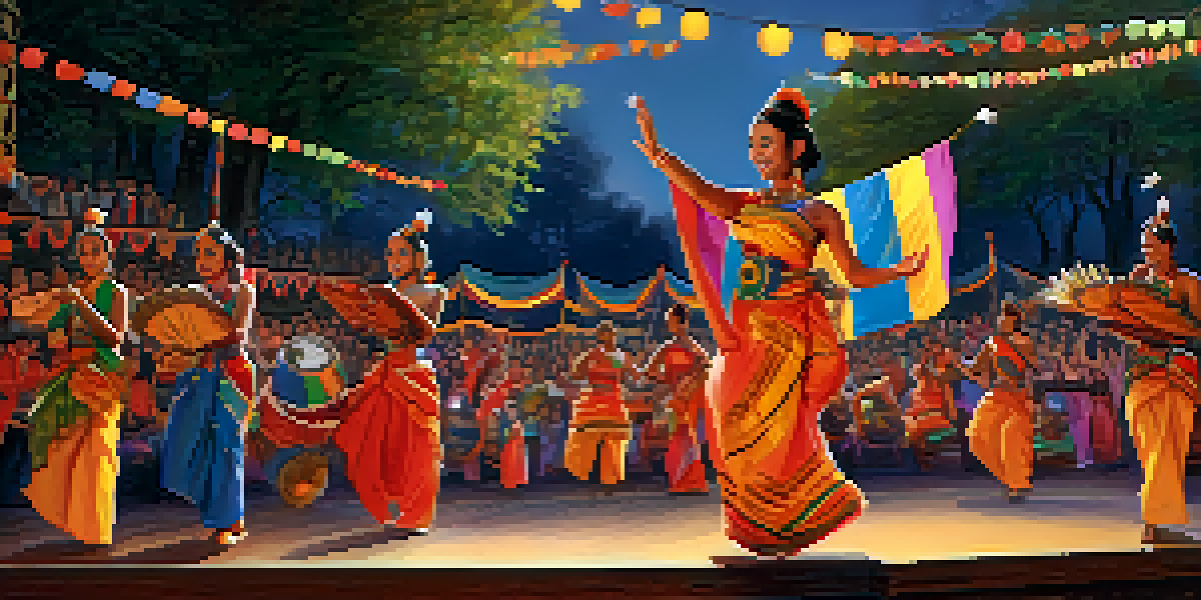 A lively festival scene with diverse performers on stage, colorful banners, and an engaged audience.