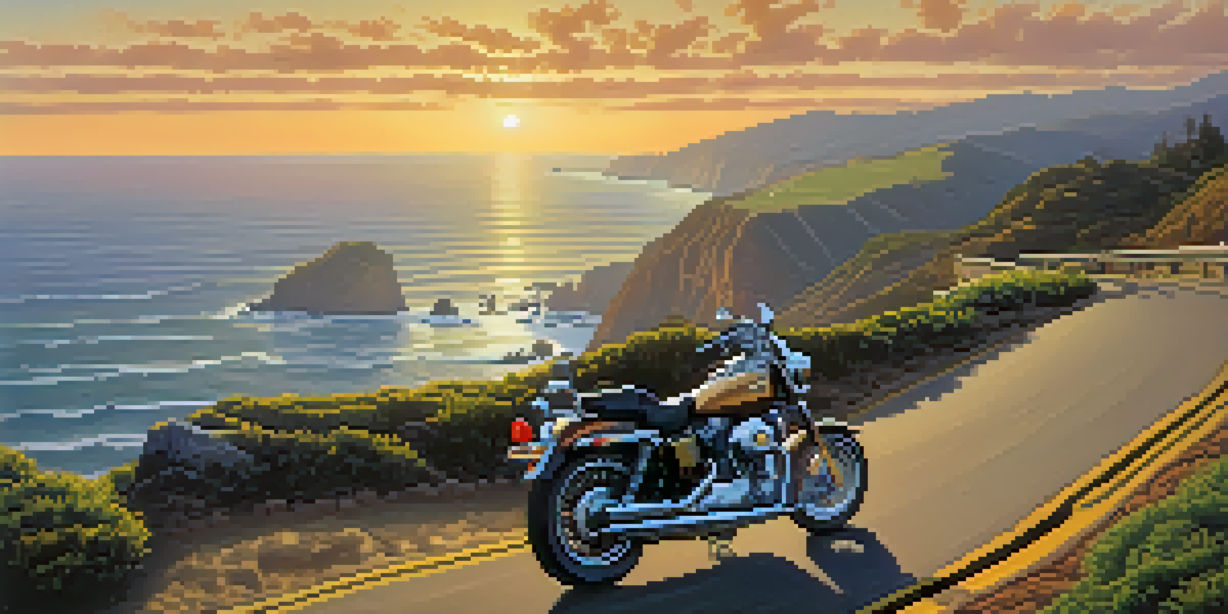 A scenic view of the Pacific Coast Highway with a winding road, ocean waves, and a sunset, featuring a motorcycle parked at an overlook.
