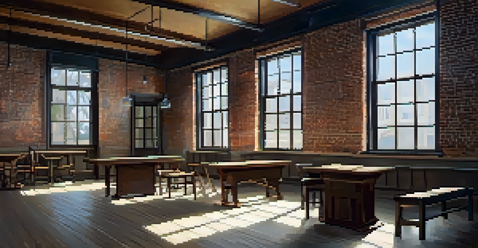 The interior of a restored historic building with exposed brick walls, vintage furniture, and warm lighting.