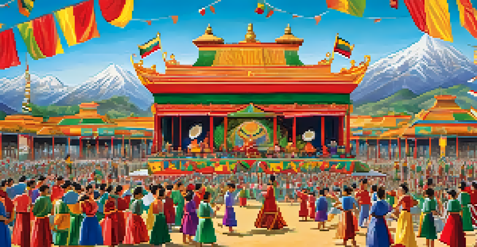A lively cultural festival in a national park, featuring traditional music and dance with colorful decorations and a stunning mountain backdrop.