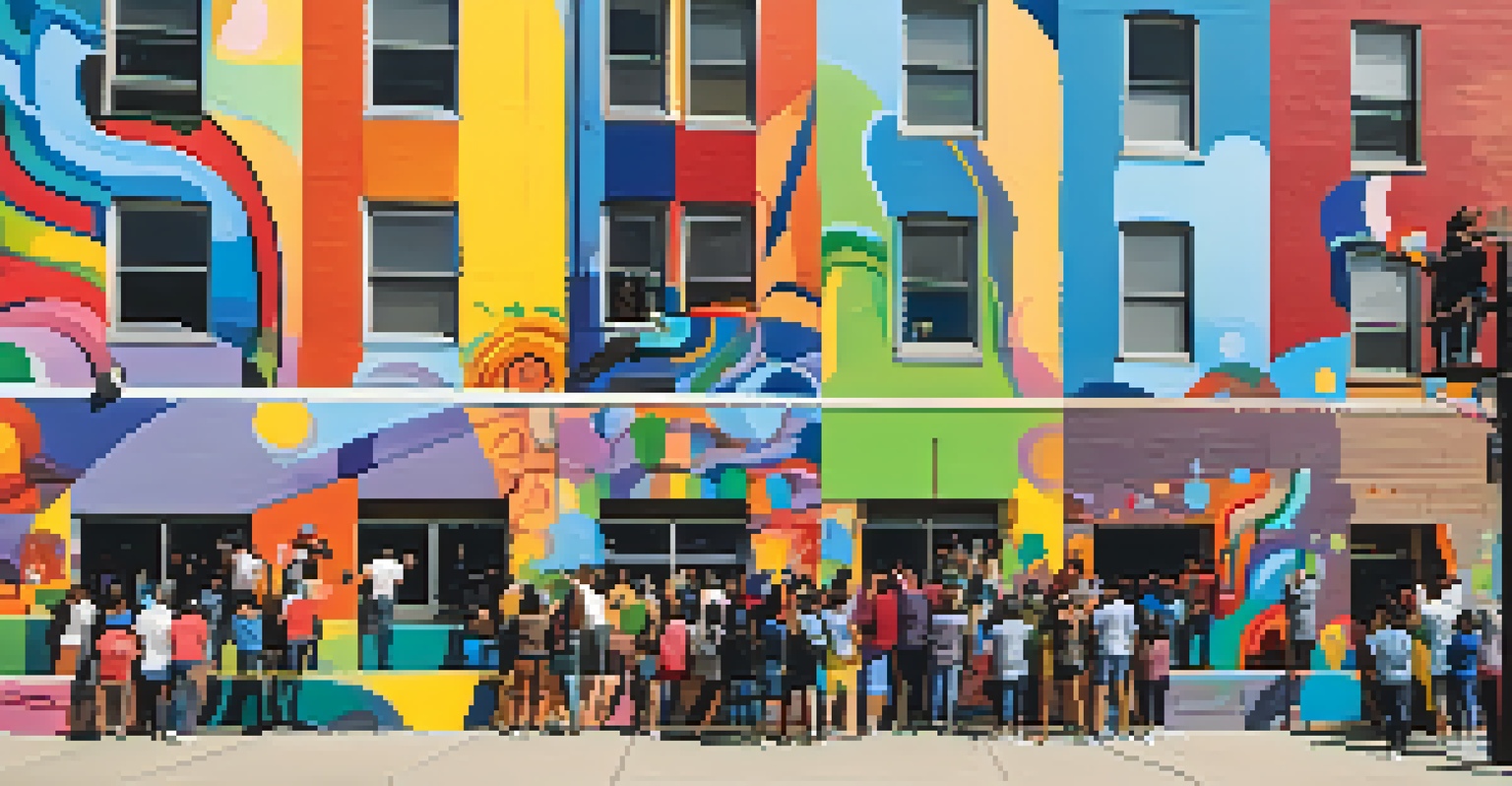 Local residents and artists collaborating on a large mural in Chicago, creating colorful designs and sharing smiles in a community painting event.