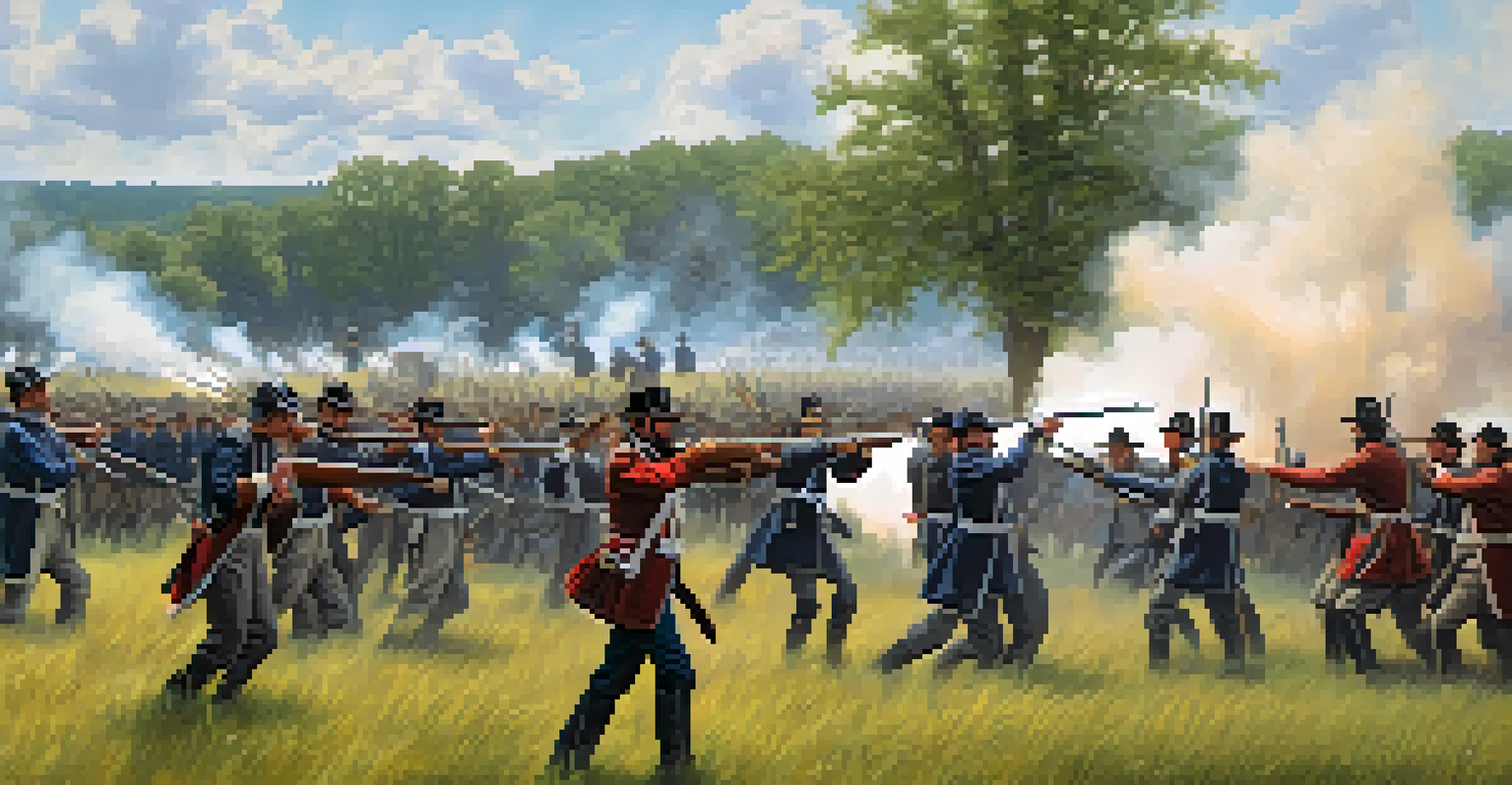 Historical reenactors dressed as Union and Confederate soldiers engaged in a mock battle on a grassy field.