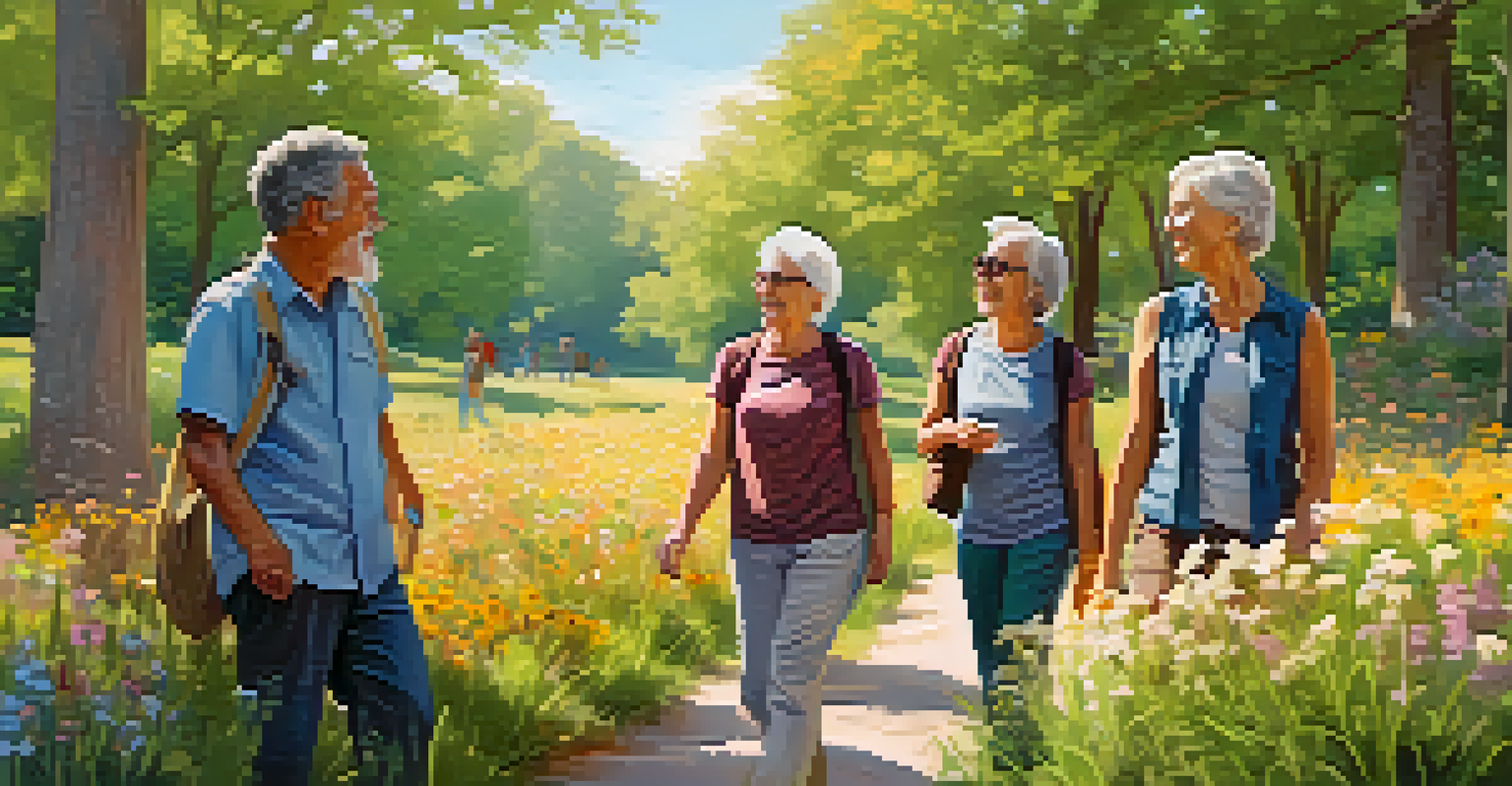 A diverse group of people on a nature walk, smiling and interacting in a colorful park filled with flowers.