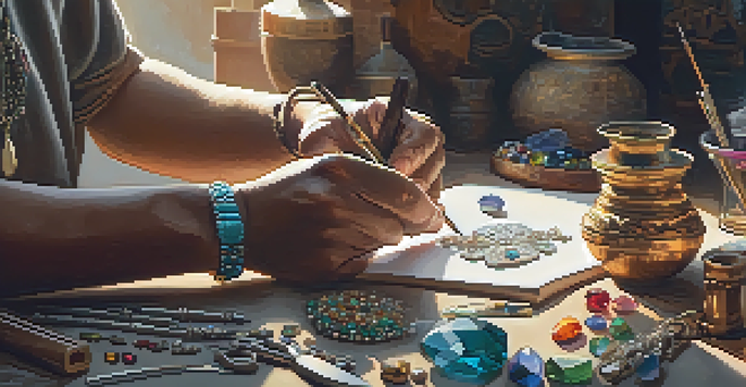 A local artisan's hands working on jewelry, with tools and colorful gemstones in a softly lit workspace.