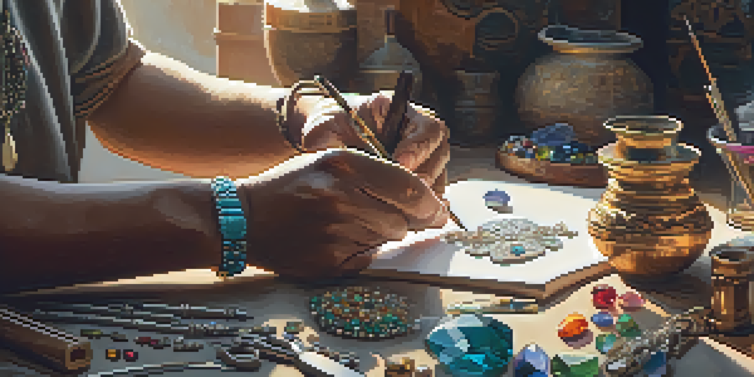 A local artisan's hands working on jewelry, with tools and colorful gemstones in a softly lit workspace.