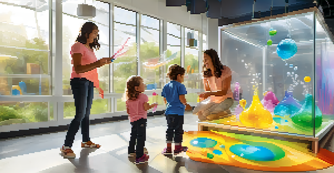 A family engaged in a hands-on science experiment, with colorful bubbling liquids and educational displays around them.