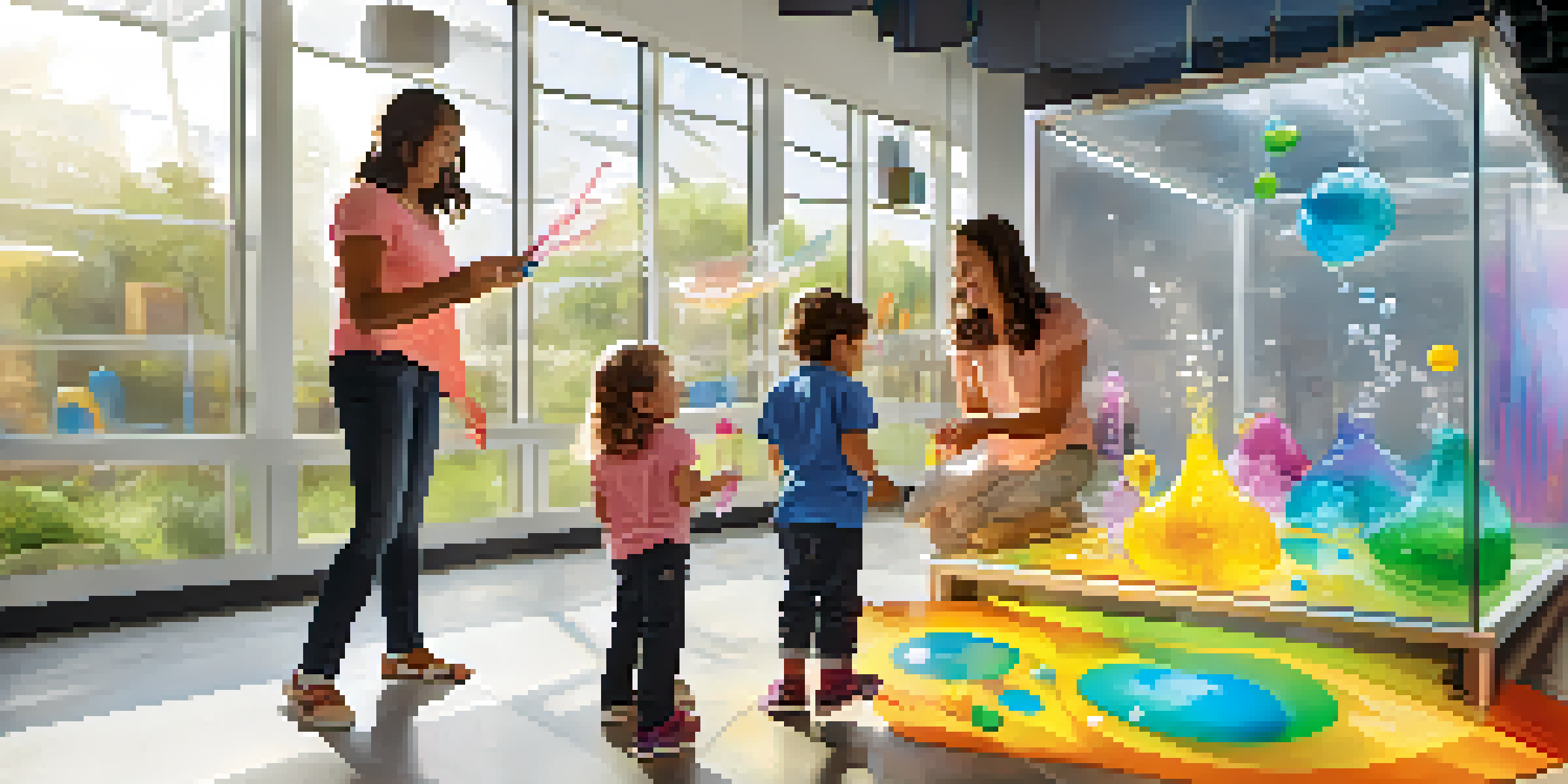 A family engaged in a hands-on science experiment, with colorful bubbling liquids and educational displays around them.