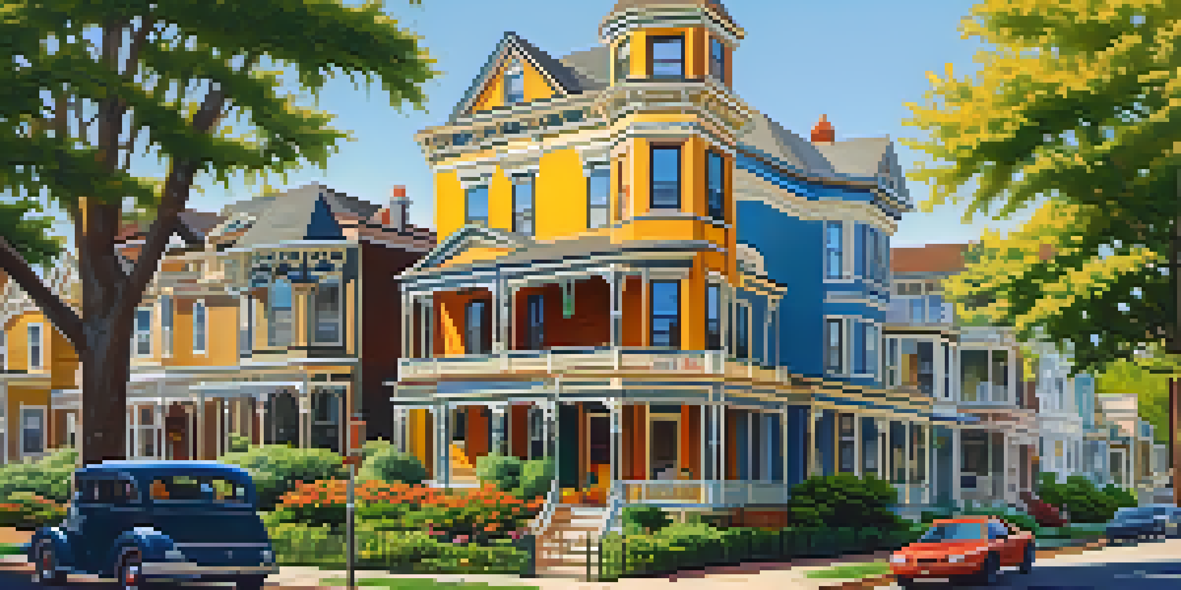 A historic neighborhood featuring Victorian houses with colorful facades and blooming flowerbeds under a clear blue sky.