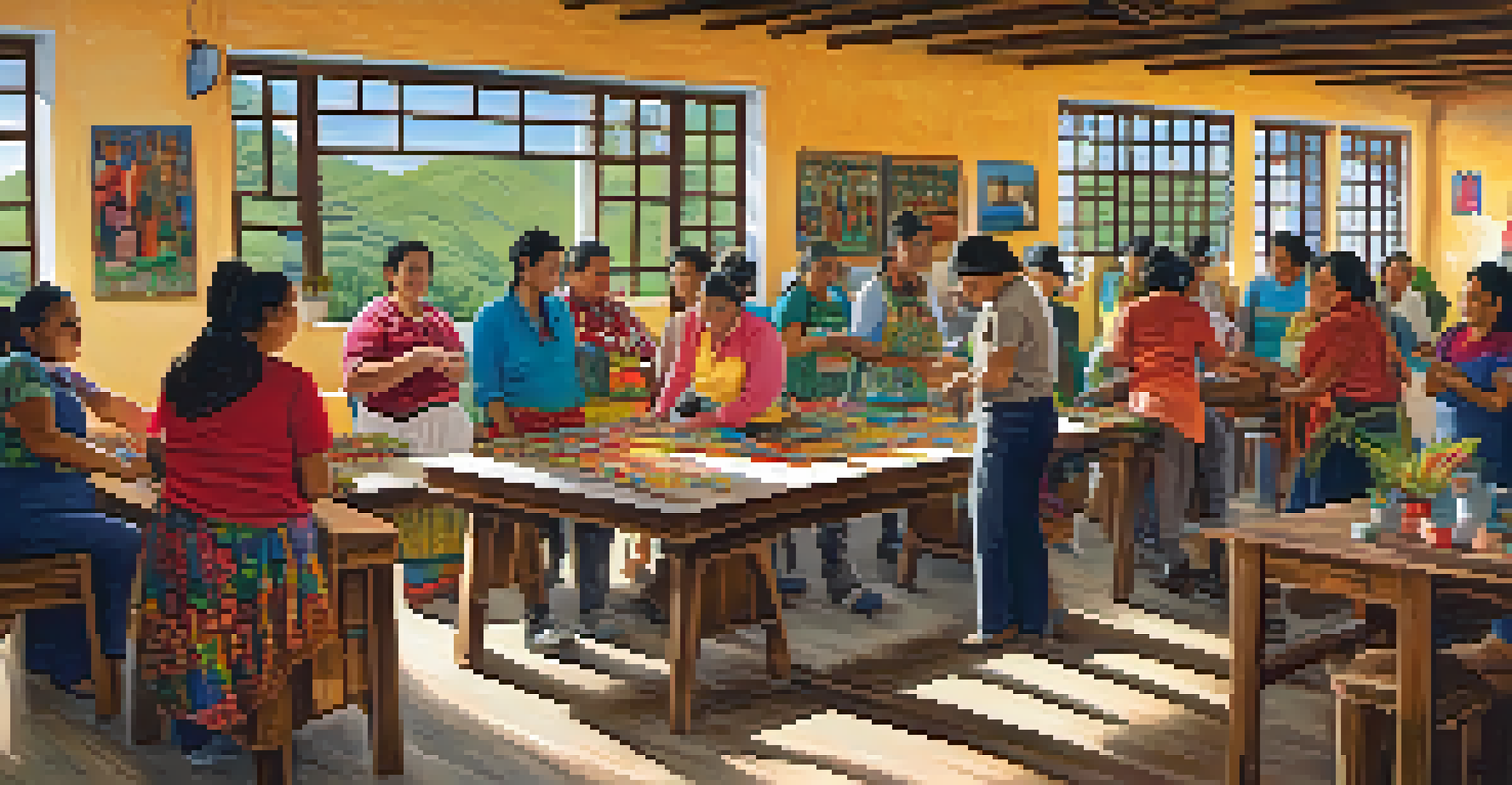 A volunteer assisting locals in a community center in Guatemala, focused on vocational skills, surrounded by crafts and natural light.