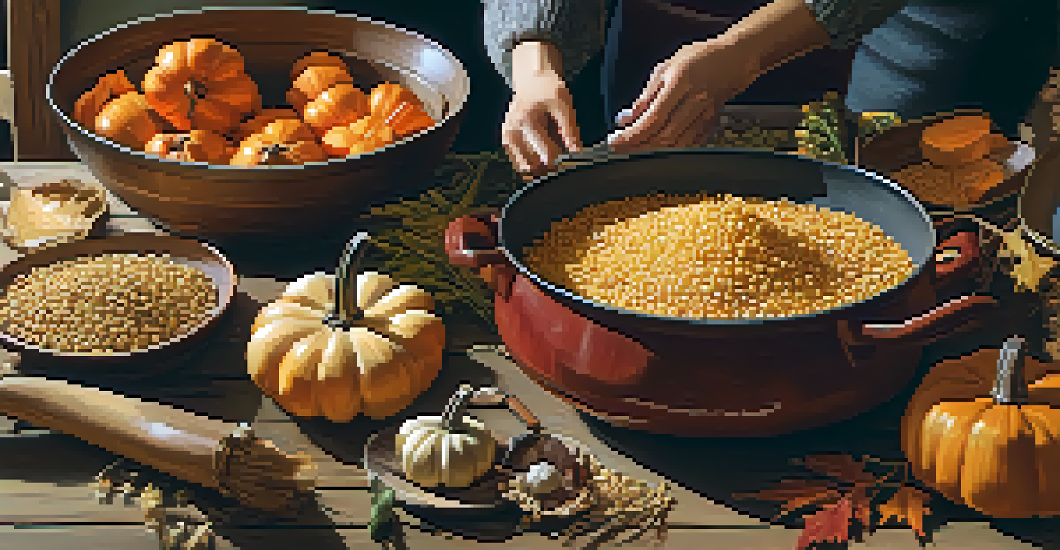 A close-up of hands preparing traditional harvest festival dishes with freshly harvested ingredients on a rustic wooden table.