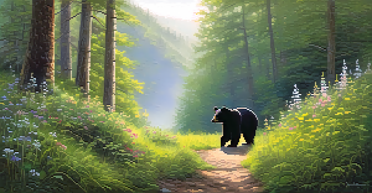 A peaceful morning in the Great Smoky Mountains with a black bear on a trail surrounded by mist and flowers.