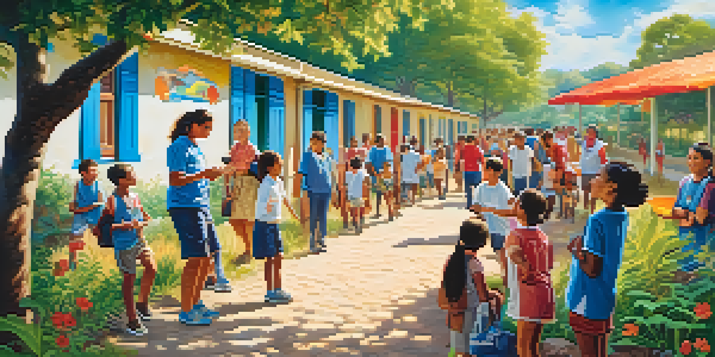Volunteer tourists interacting with local children in a rural school setting, surrounded by greenery and colorful murals.
