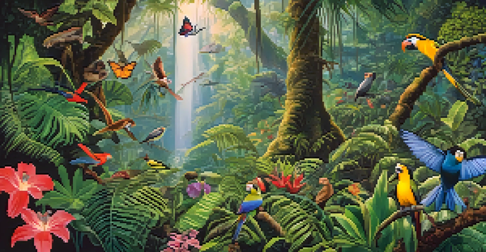 A colorful rainforest filled with diverse plants and animals, with sunlight peeking through the leaves.