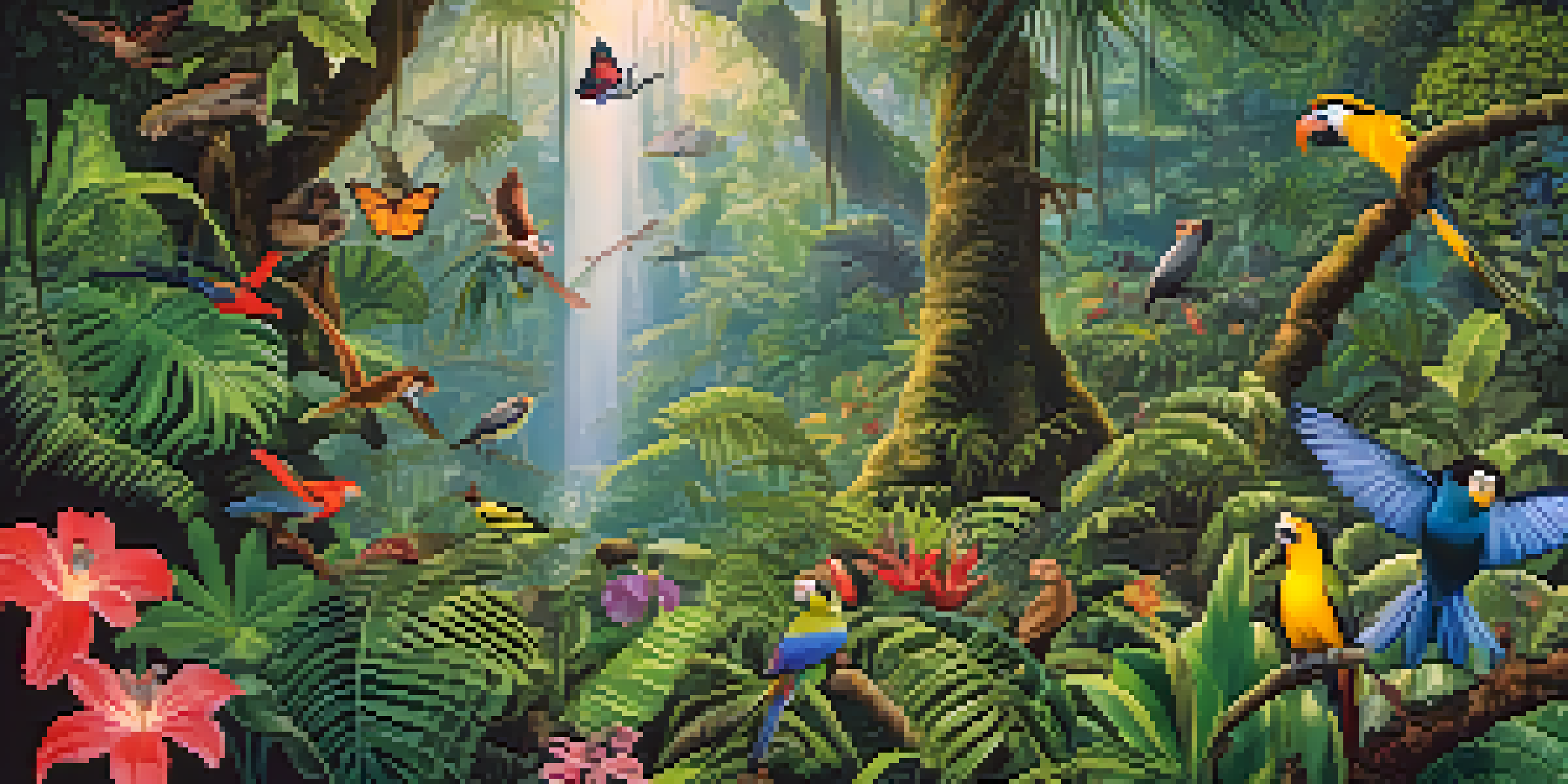 A colorful rainforest filled with diverse plants and animals, with sunlight peeking through the leaves.