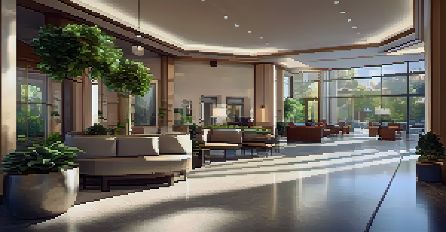 A modern hotel lobby with seating areas, plants, and a reception desk, illuminated by soft lighting and natural light from large windows.