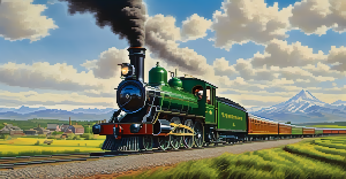 A vintage steam locomotive from the Great Northern Railway travels through a scenic landscape filled with greenery and mountains, with farmers and settlers waving from nearby towns.