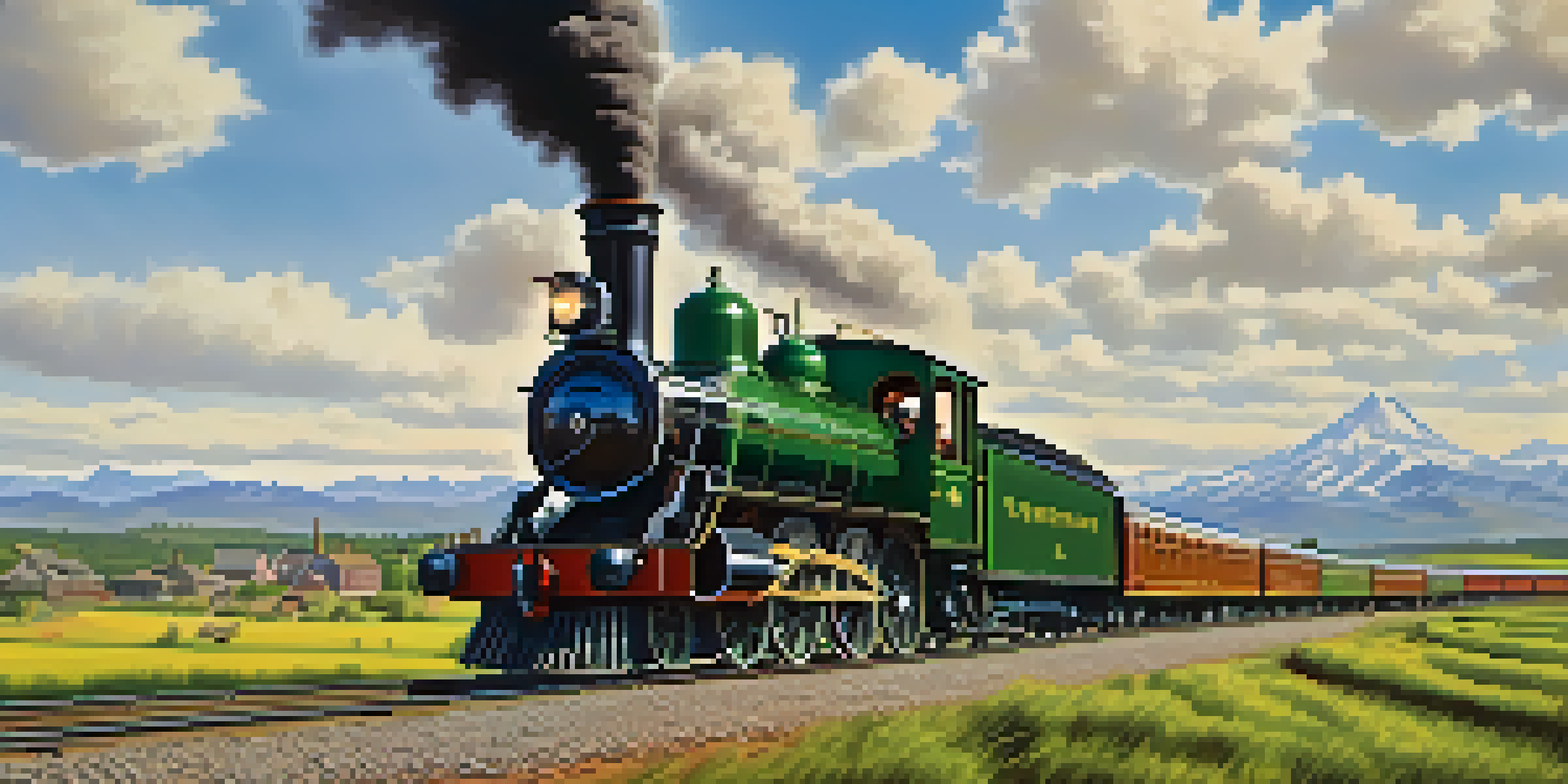 A vintage steam locomotive from the Great Northern Railway travels through a scenic landscape filled with greenery and mountains, with farmers and settlers waving from nearby towns.