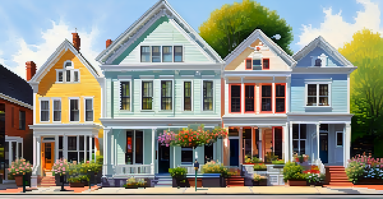 Colonial Revival homes lining a narrow street in a lesser-known historic district, adorned with blooming flowers and colorful storefronts in soft morning light.
