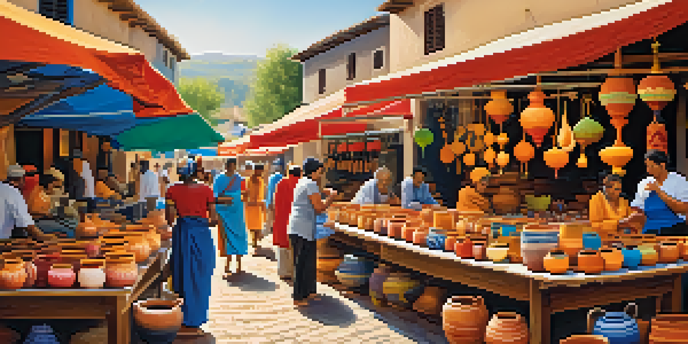 A lively artisan market with artisans displaying colorful pottery and textiles, vibrant colors, and warm natural light.
