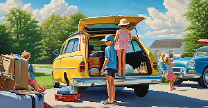 A family packing their car with suitcases and a picnic basket for a road trip on a sunny day.
