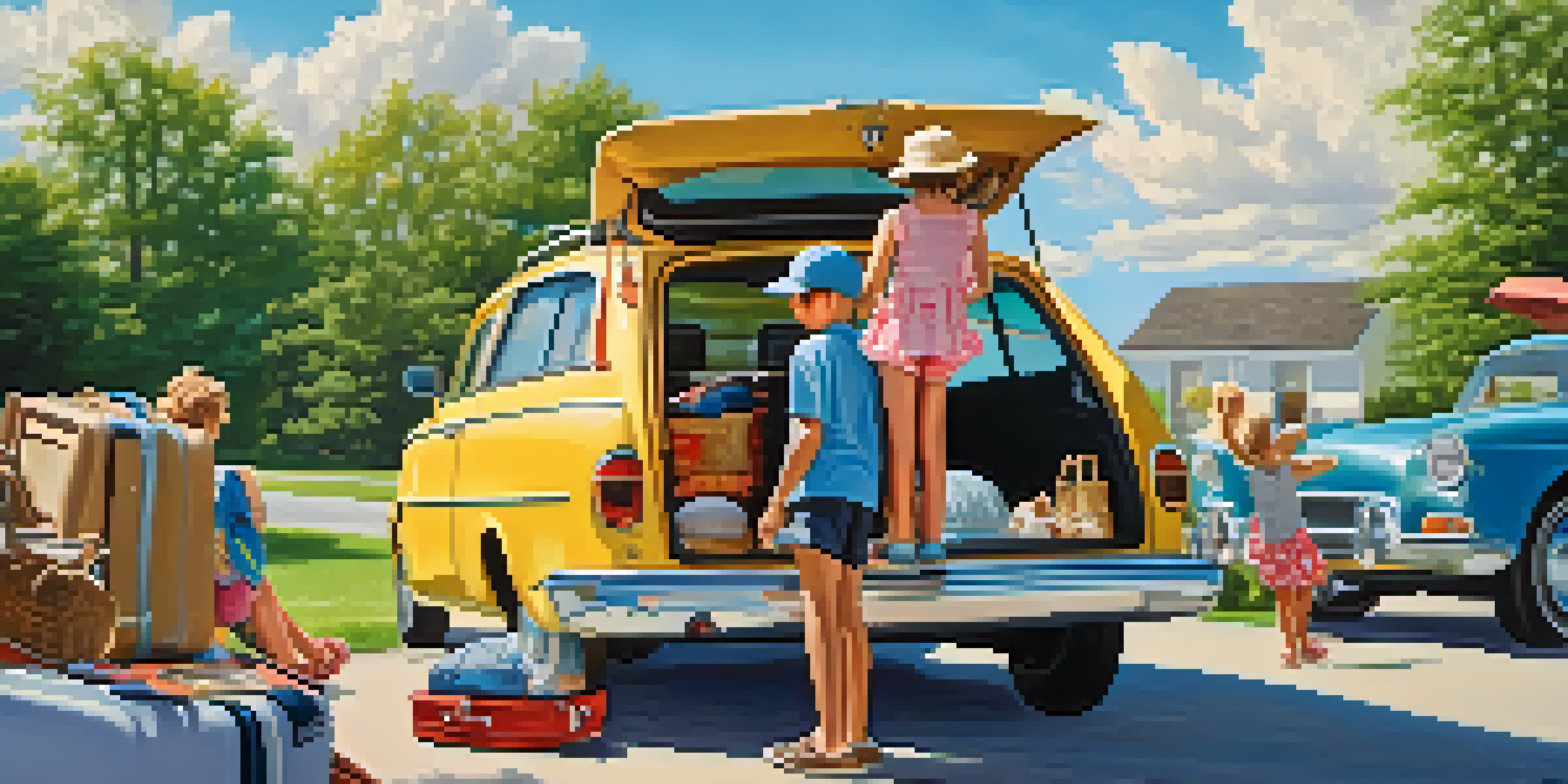 A family packing their car with suitcases and a picnic basket for a road trip on a sunny day.