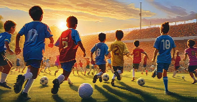 A lively youth soccer match with fans cheering and players in action under a golden sunset.