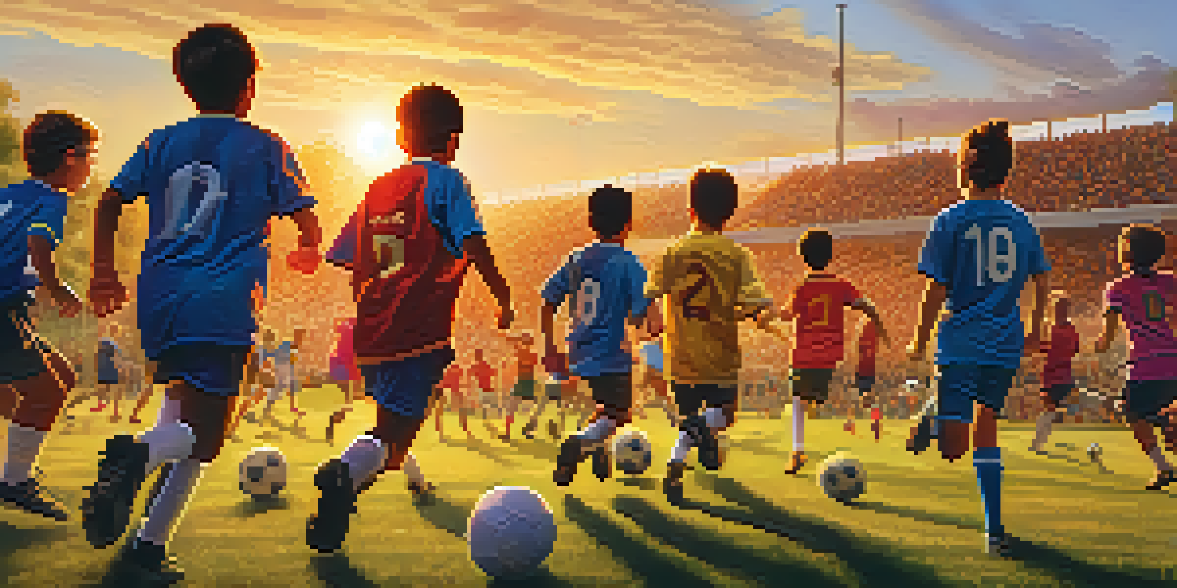 A lively youth soccer match with fans cheering and players in action under a golden sunset.