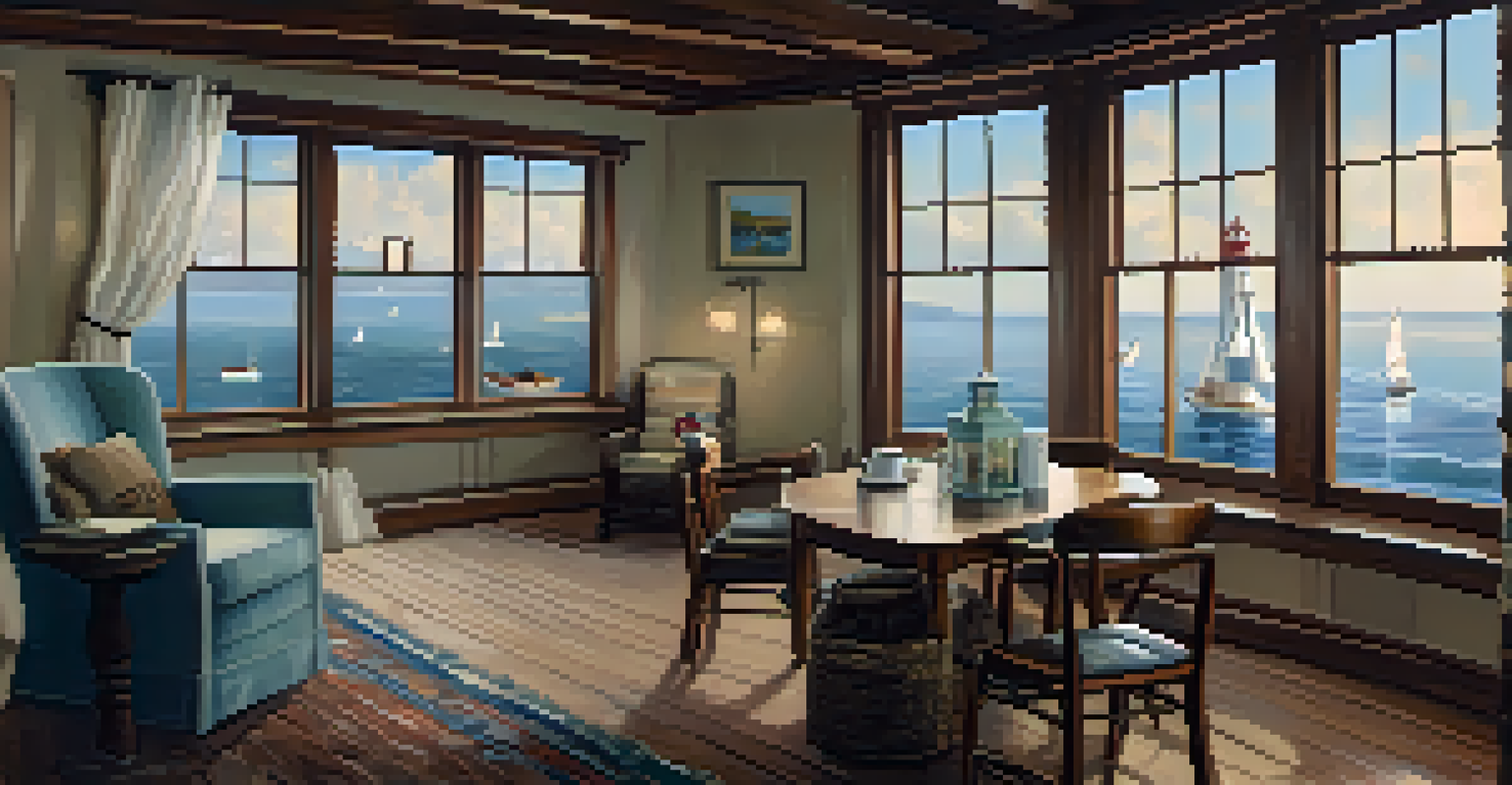 Cozy interior of a lighthouse with a view of the ocean, featuring a rustic table and a steaming cup of coffee.
