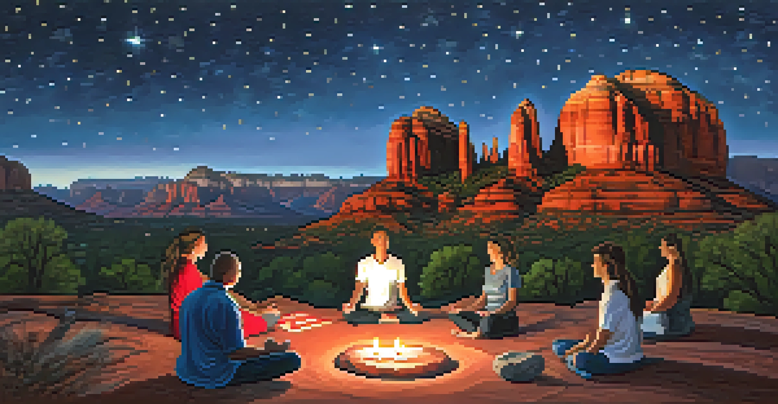 A meditation circle in front of Sedona's red rock formations under a starry night sky, with candles illuminating participants.