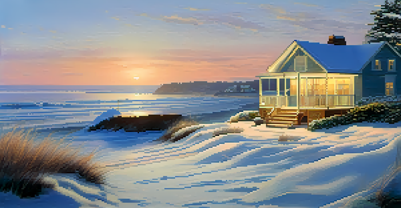 A calm winter beach scene with a bonfire, blankets, and a sunset over the ocean waves.