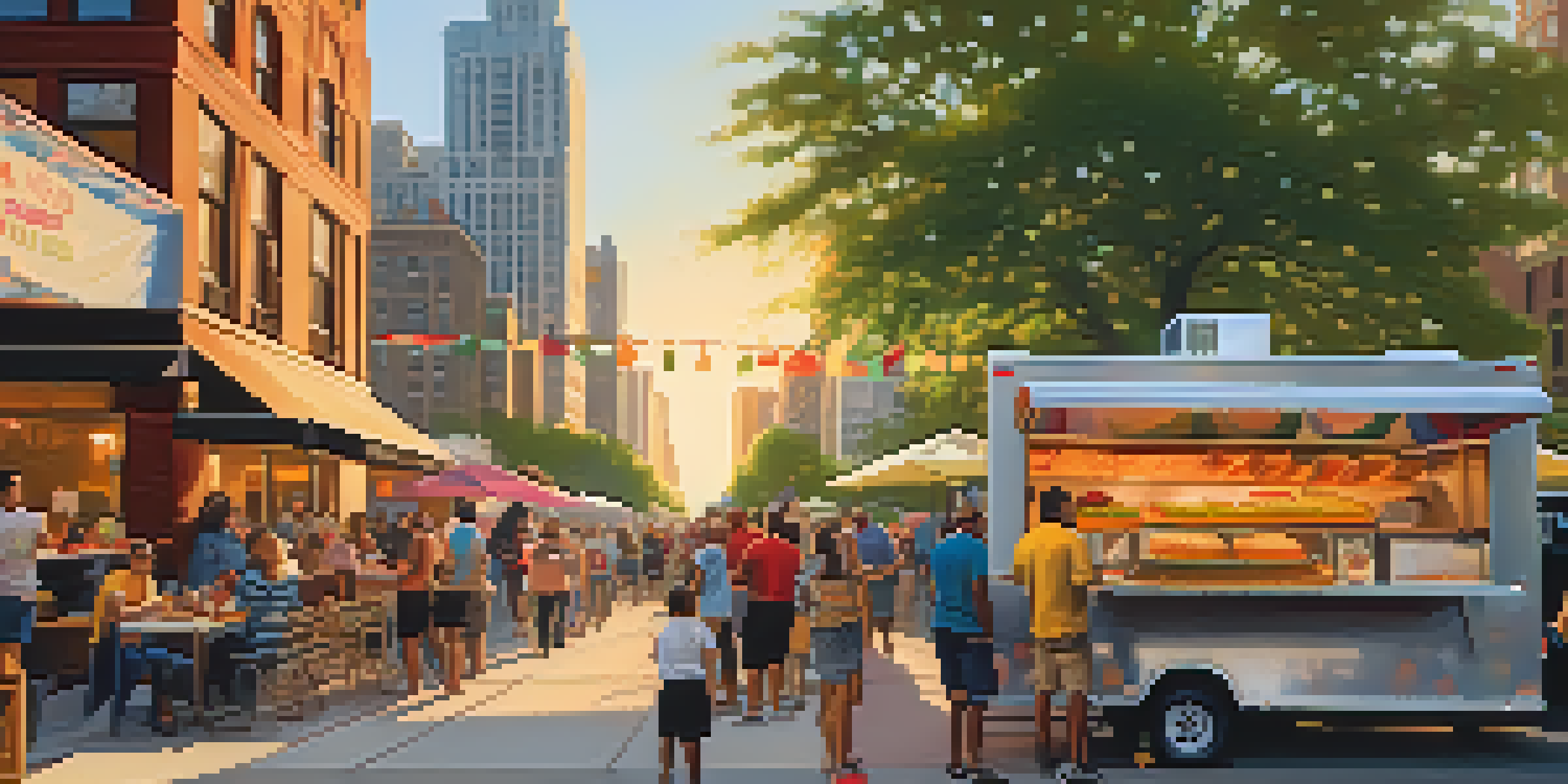 A vibrant street food scene in Chicago with food trucks and people enjoying various dishes.