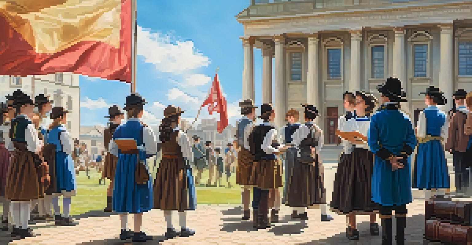 Students on a field trip at a historical landmark, listening to a guide in period costume, with a preserved building in the background and a bright sky.