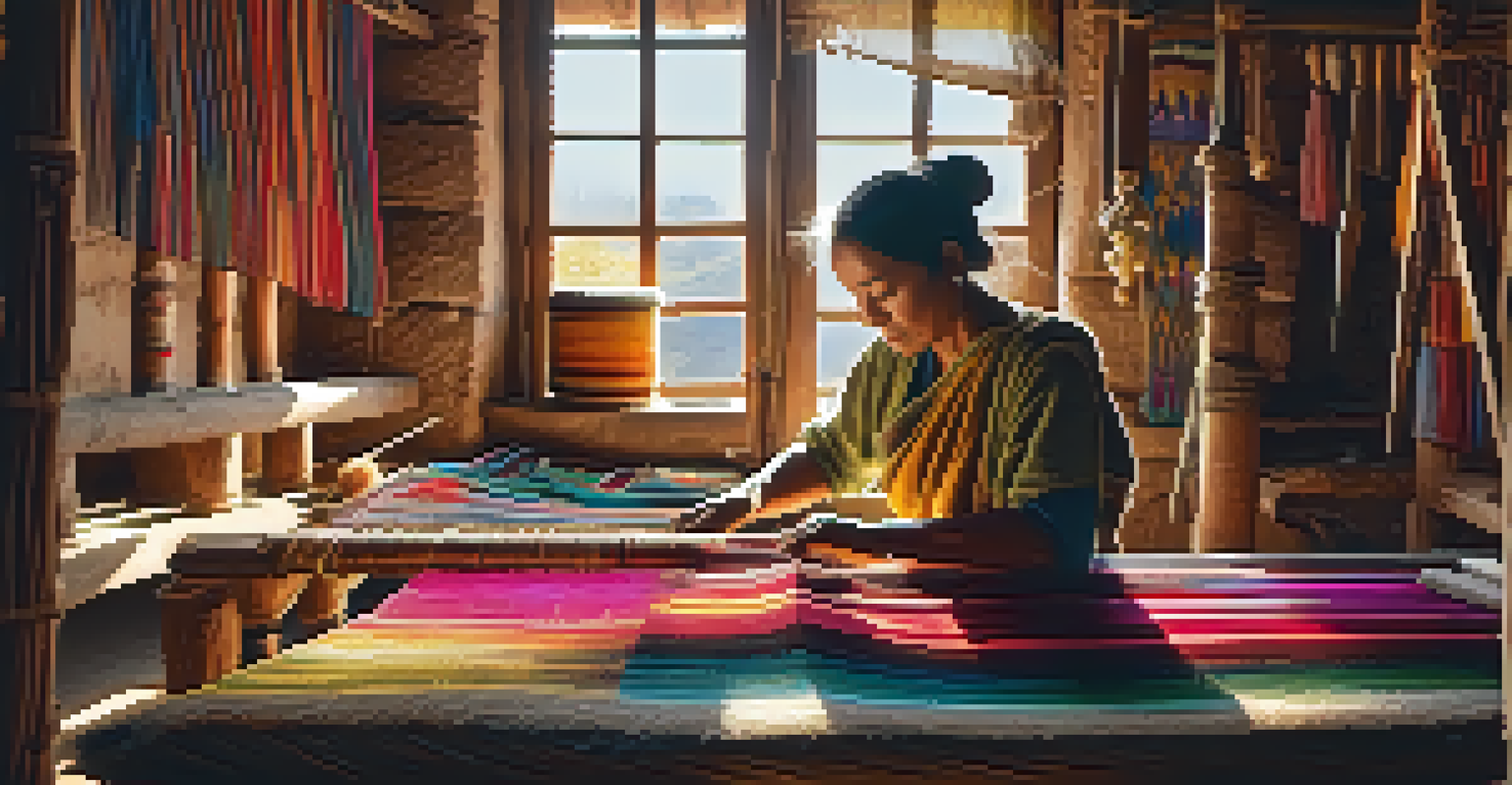 An artisan weaving colorful textiles in a rustic workshop, with sunlight streaming through a window, highlighting the intricate patterns and tools.