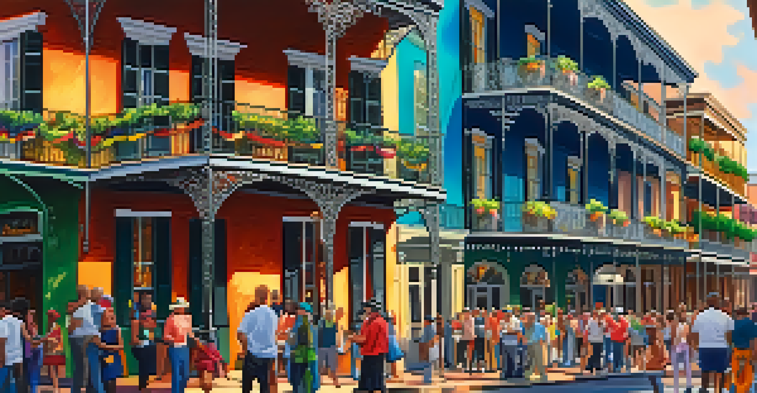 A lively street scene in the French Quarter of New Orleans, with colorful buildings, ironwork balconies, and street performers.