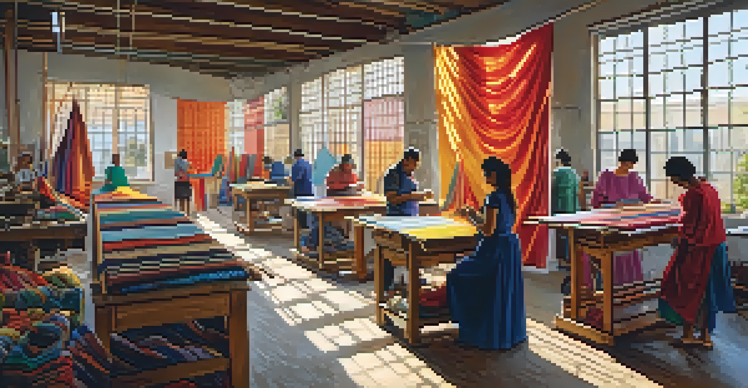 Artisans weaving colorful fabrics in a bright textile workshop with looms and spools of thread.
