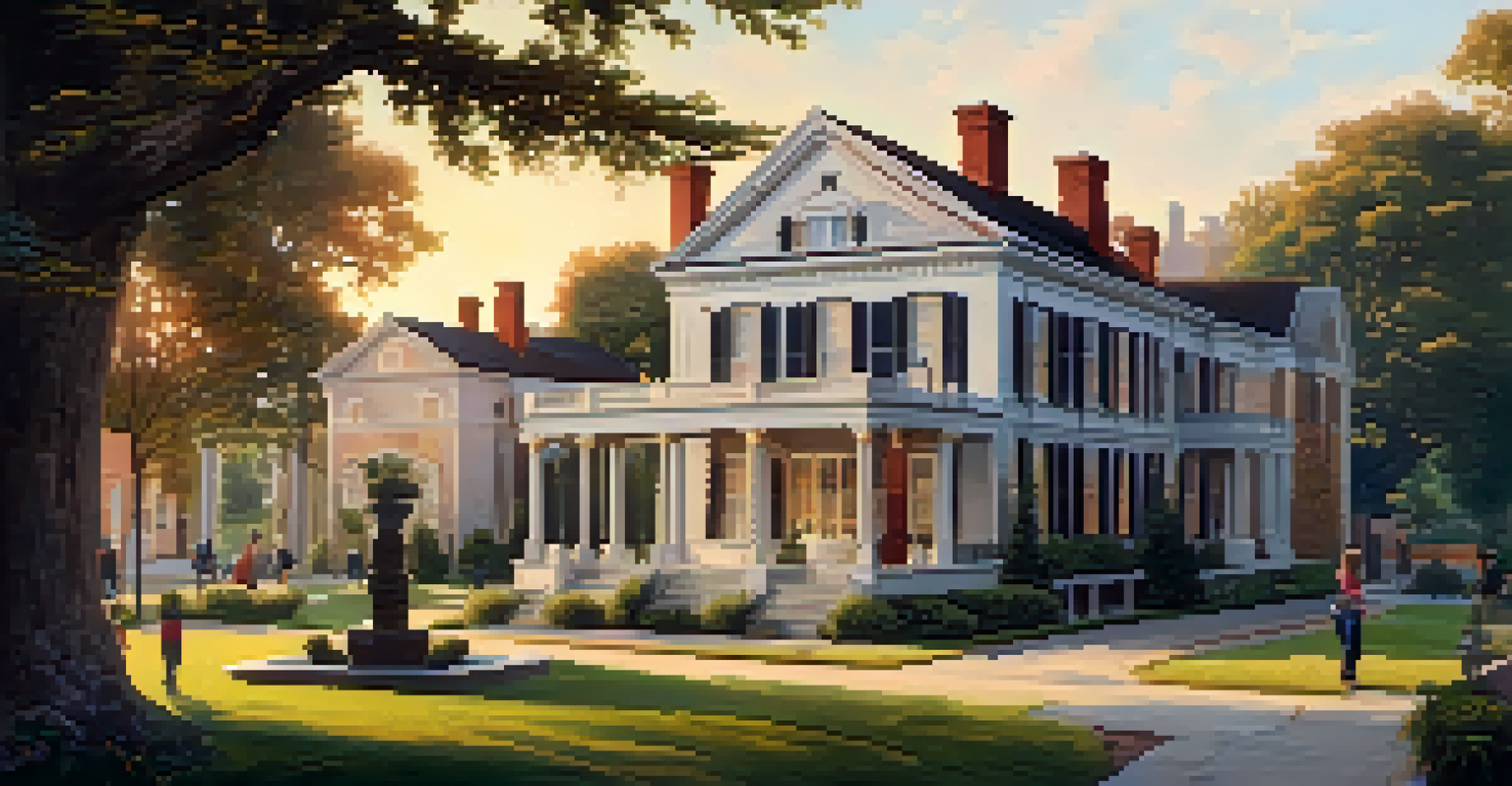 A historic building serving as a museum, surrounded by a garden and visitors exploring the site, illuminated by golden hour light.