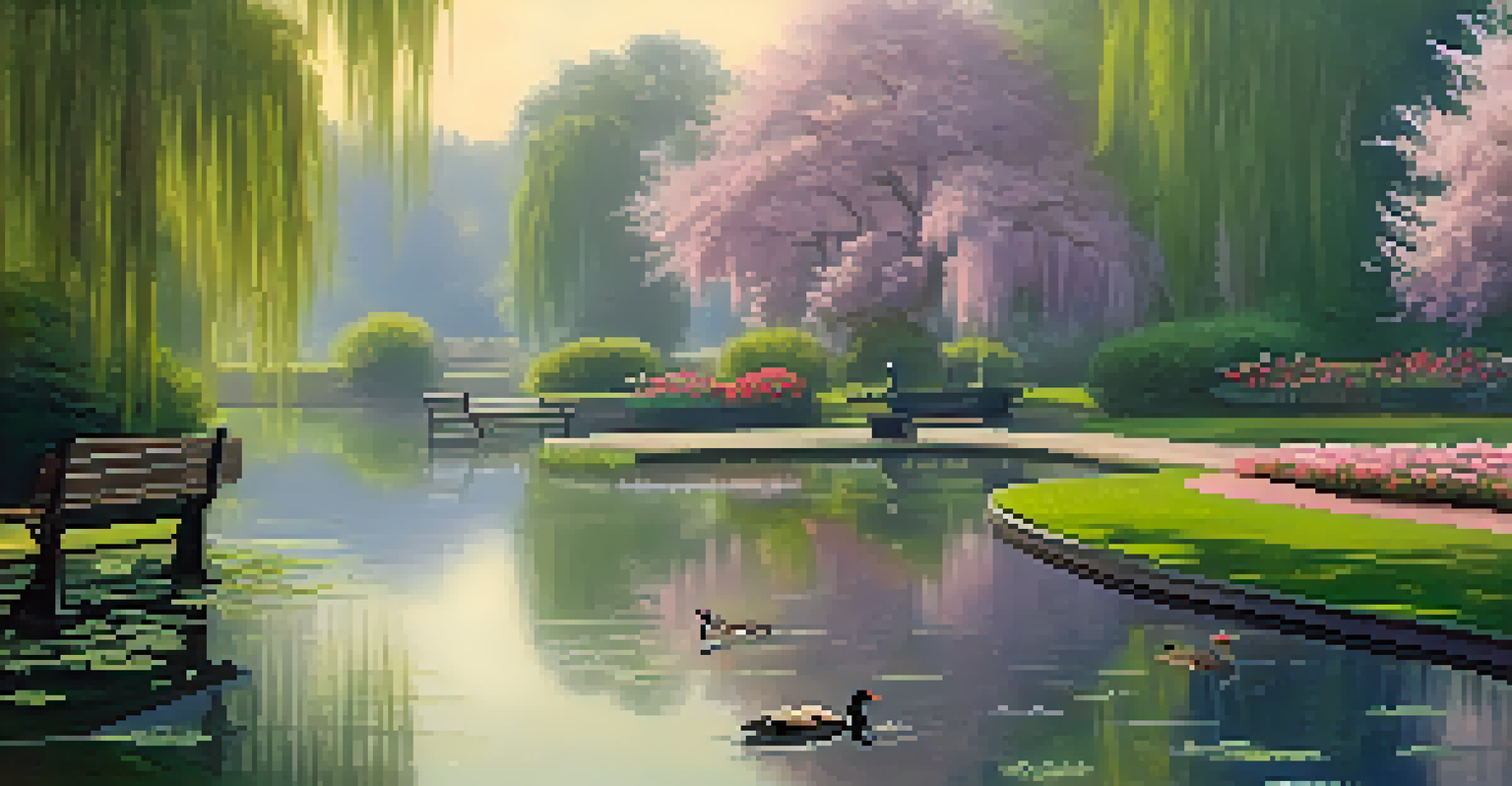 A peaceful park scene with a pond, weeping willows, and blooming flowers, bathed in soft morning light with ducks swimming.